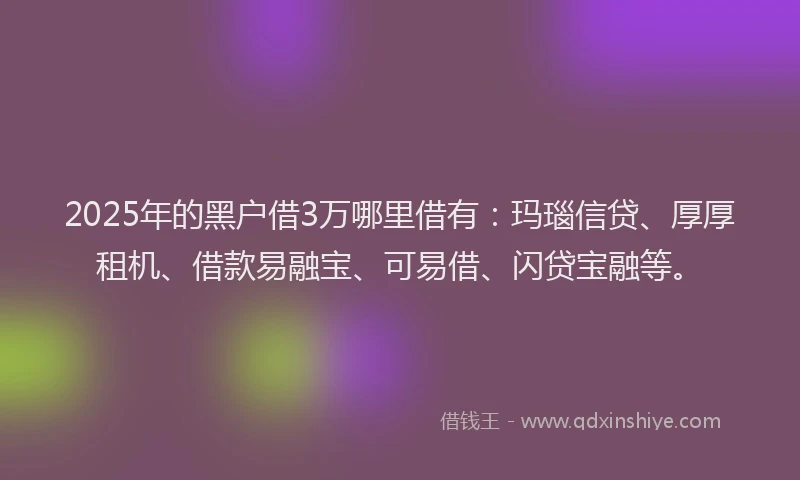 2025年的黑户借3万哪里借有：玛瑙信贷、厚厚租机、借款易融宝、可易借、闪贷宝融等。