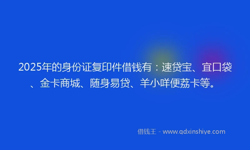 2025年的身份证复印件借钱有：速贷宝、宜口袋、金卡商城、随身易贷、羊小咩便荔卡等。