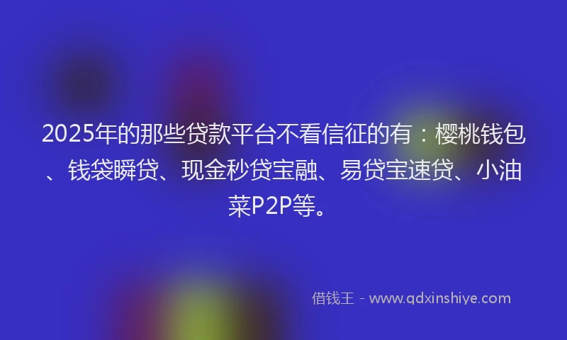 2025年的那些贷款平台不看信征的有：樱桃钱包、钱袋瞬贷、现金秒贷宝融、易贷宝速贷、小油菜P2P等。
