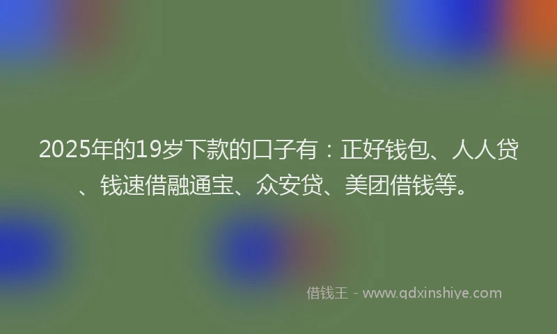 2025年的19岁下款的口子有：正好钱包、人人贷、钱速借融通宝、众安贷、美团借钱等。