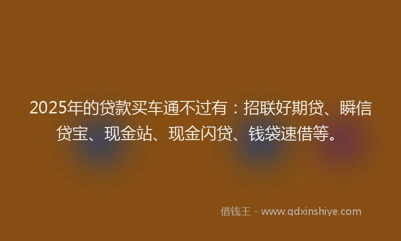 2025年的贷款买车通不过有：招联好期贷、瞬信贷宝、现金站、现金闪贷、钱袋速借等。