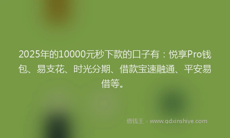 2025年的10000元秒下款的口子有：悦享Pro钱包、易支花、时光分期、借款宝速融通、平安易借等。