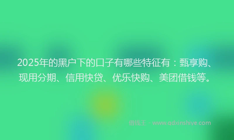 2025年的黑户下的口子有哪些特征有：甄享购、现用分期、信用快贷、优乐快购、美团借钱等。