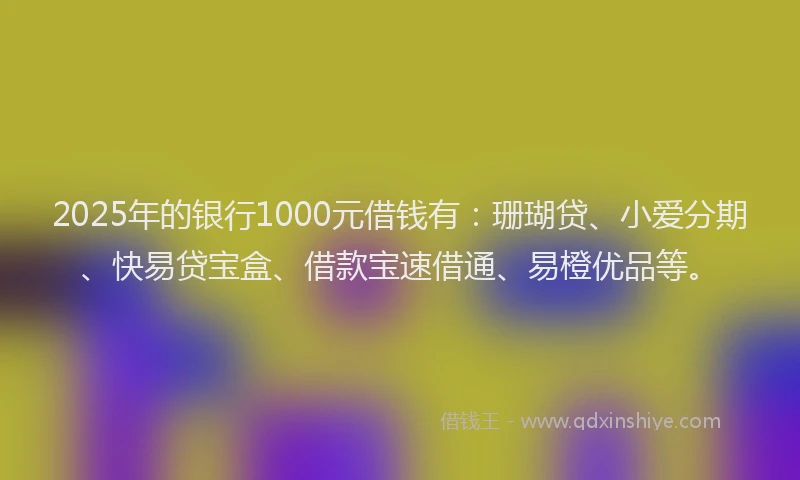 2025年的银行1000元借钱有：珊瑚贷、小爱分期、快易贷宝盒、借款宝速借通、易橙优品等。