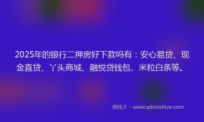 2025年的银行二押房好下款吗有：安心易贷、现金直贷、丫头商城、融悦贷钱包、米粒白条等。