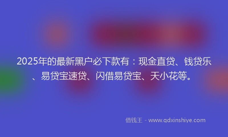 2025年的最新黑户必下款有：现金直贷、钱贷乐、易贷宝速贷、闪借易贷宝、天小花等。