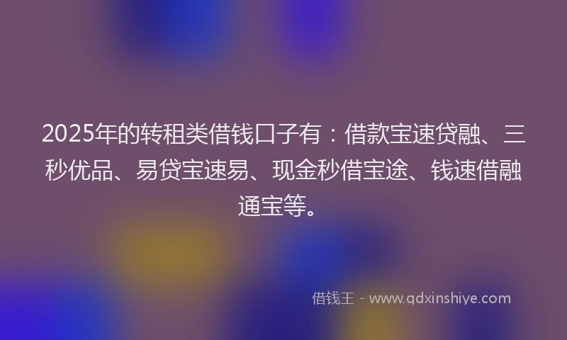 2025年的转租类借钱口子有：借款宝速贷融、三秒优品、易贷宝速易、现金秒借宝途、钱速借融通宝等。