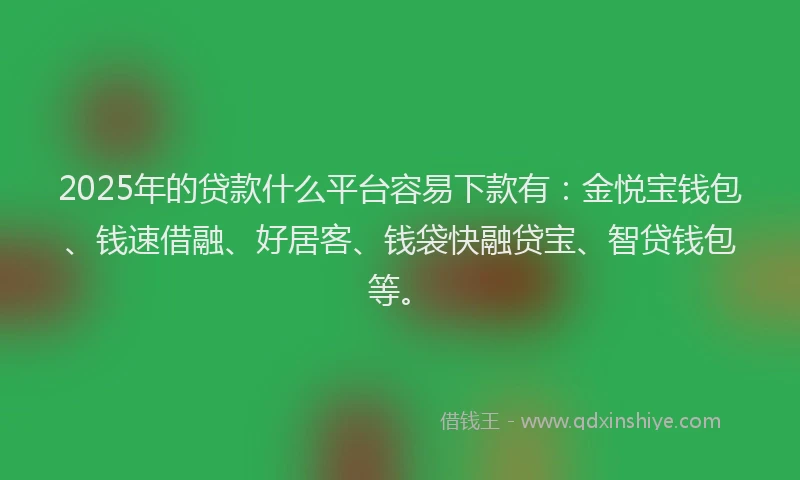 2025年的贷款什么平台容易下款有：金悦宝钱包、钱速借融、好居客、钱袋快融贷宝、智贷钱包等。