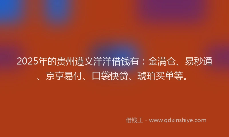2025年的贵州遵义洋洋借钱有：金满仓、易秒通、京享易付、口袋快贷、琥珀买单等。