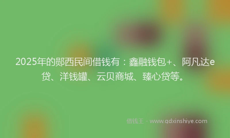 2025年的郧西民间借钱有：鑫融钱包+、阿凡达e贷、洋钱罐、云贝商城、臻心贷等。