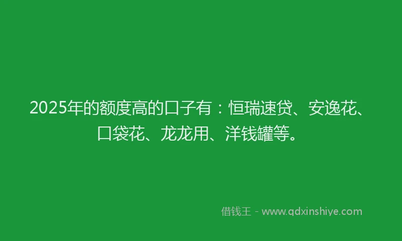 2025年的额度高的口子有：恒瑞速贷、安逸花、口袋花、龙龙用、洋钱罐等。