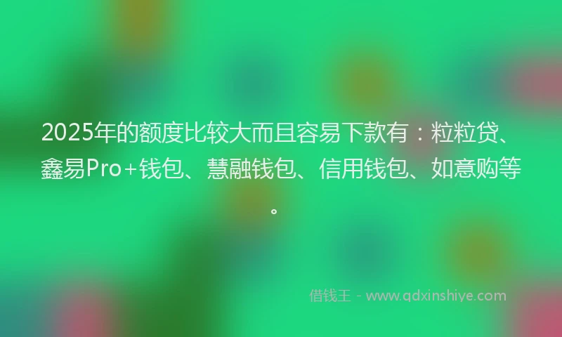 2025年的额度比较大而且容易下款有：粒粒贷、鑫易Pro+钱包、慧融钱包、信用钱包、如意购等。