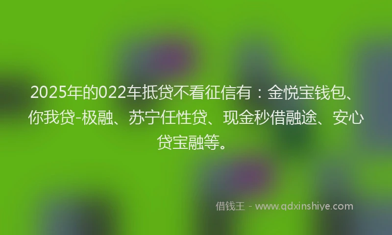 2025年的022车抵贷不看征信有：金悦宝钱包、你我贷-极融、苏宁任性贷、现金秒借融途、安心贷宝融等。