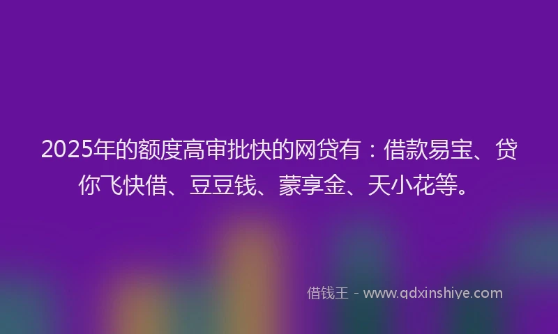 2025年的额度高审批快的网贷有：借款易宝、贷你飞快借、豆豆钱、蒙享金、天小花等。