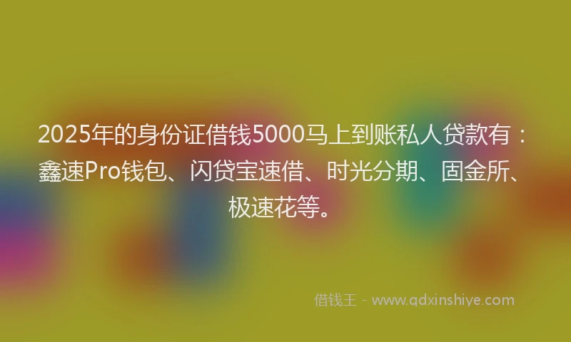 2025年的身份证借钱5000马上到账私人贷款有：鑫速Pro钱包、闪贷宝速借、时光分期、固金所、极速花等。