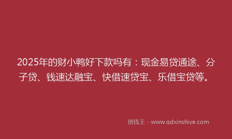 2025年的财小鸭好下款吗有：现金易贷通途、分子贷、钱速达融宝、快借速贷宝、乐借宝贷等。
