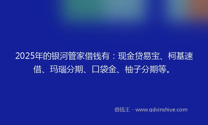 2025年的银河管家借钱有：现金贷易宝、柯基速借、玛瑙分期、口袋金、柚子分期等。