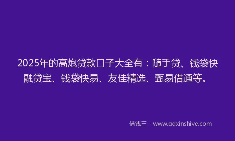 2025年的高炮贷款口子大全有：随手贷、钱袋快融贷宝、钱袋快易、友佳精选、甄易借通等。