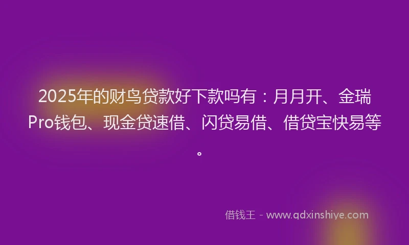 2025年的财鸟贷款好下款吗有：月月开、金瑞Pro钱包、现金贷速借、闪贷易借、借贷宝快易等。