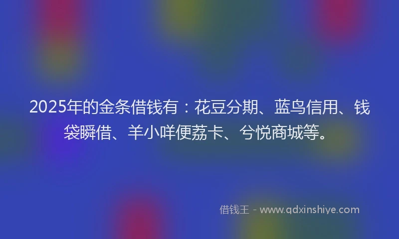 2025年的金条借钱有：花豆分期、蓝鸟信用、钱袋瞬借、羊小咩便荔卡、兮悦商城等。