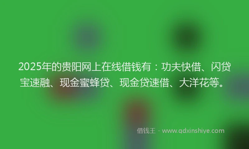 2025年的贵阳网上在线借钱有：功夫快借、闪贷宝速融、现金蜜蜂贷、现金贷速借、大洋花等。