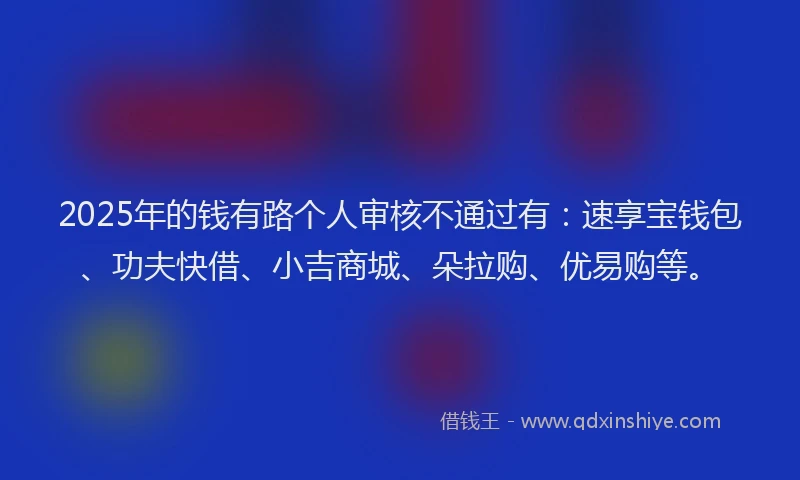 2025年的钱有路个人审核不通过有：速享宝钱包、功夫快借、小吉商城、朵拉购、优易购等。