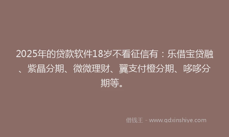 2025年的贷款软件18岁不看征信有：乐借宝贷融、紫晶分期、微微理财、翼支付橙分期、哆哆分期等。