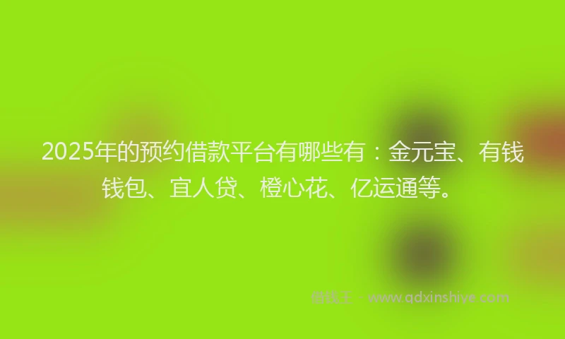 2025年的预约借款平台有哪些有：金元宝、有钱钱包、宜人贷、橙心花、亿运通等。