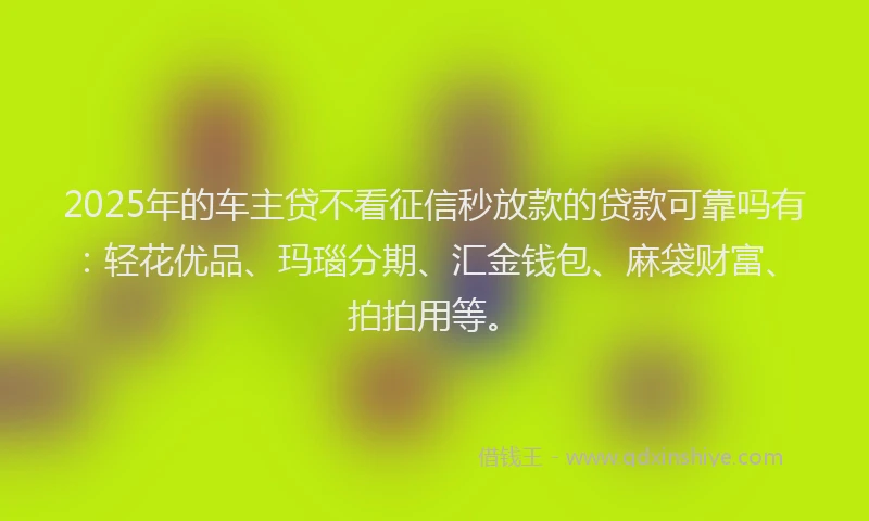 2025年的车主贷不看征信秒放款的贷款可靠吗有：轻花优品、玛瑙分期、汇金钱包、麻袋财富、拍拍用等。