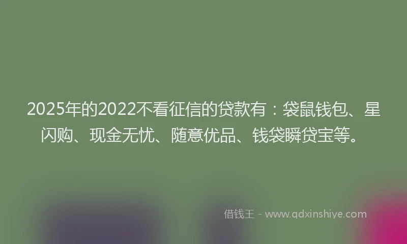 2025年的2022不看征信的贷款有：袋鼠钱包、星闪购、现金无忧、随意优品、钱袋瞬贷宝等。