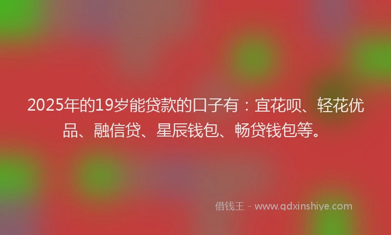 2025年的19岁能贷款的口子有：宜花呗、轻花优品、融信贷、星辰钱包、畅贷钱包等。