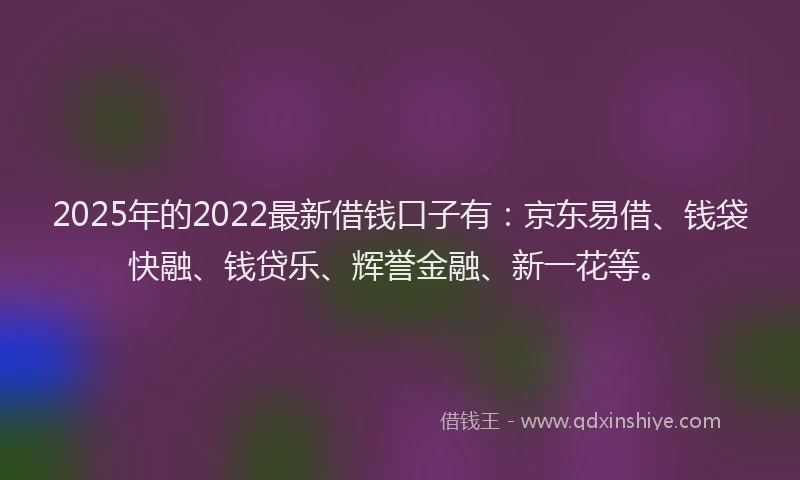 2025年的2022最新借钱口子有：京东易借、钱袋快融、钱贷乐、辉誉金融、新一花等。