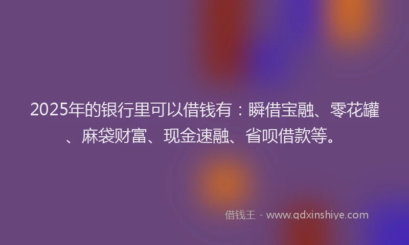 2025年的银行里可以借钱有：瞬借宝融、零花罐、麻袋财富、现金速融、省呗借款等。