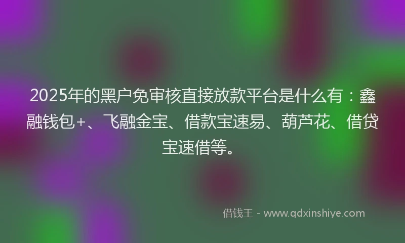 2025年的黑户免审核直接放款平台是什么有：鑫融钱包+、飞融金宝、借款宝速易、葫芦花、借贷宝速借等。