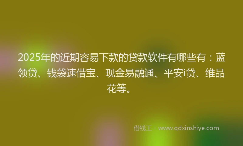 2025年的近期容易下款的贷款软件有哪些有：蓝领贷、钱袋速借宝、现金易融通、平安i贷、维品花等。
