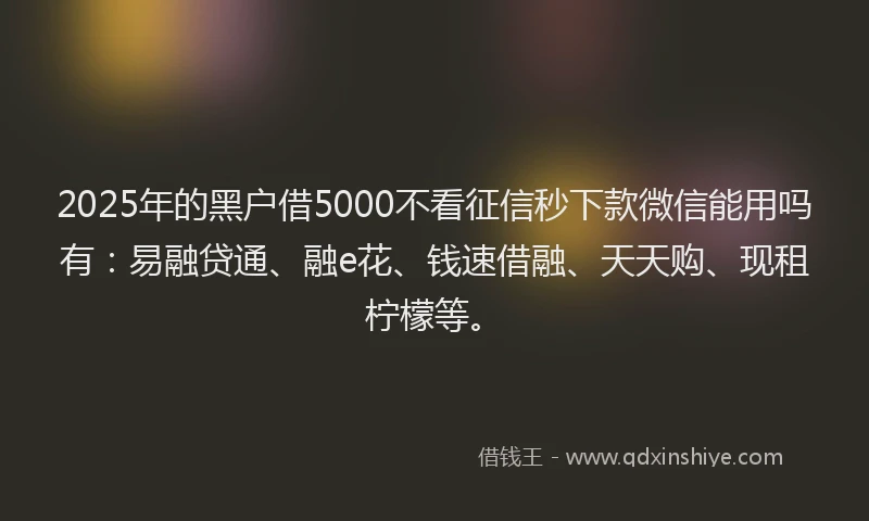 2025年的黑户借5000不看征信秒下款微信能用吗有：易融贷通、融e花、钱速借融、天天购、现租柠檬等。