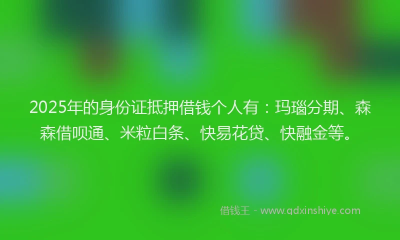 2025年的身份证抵押借钱个人有：玛瑙分期、森森借呗通、米粒白条、快易花贷、快融金等。