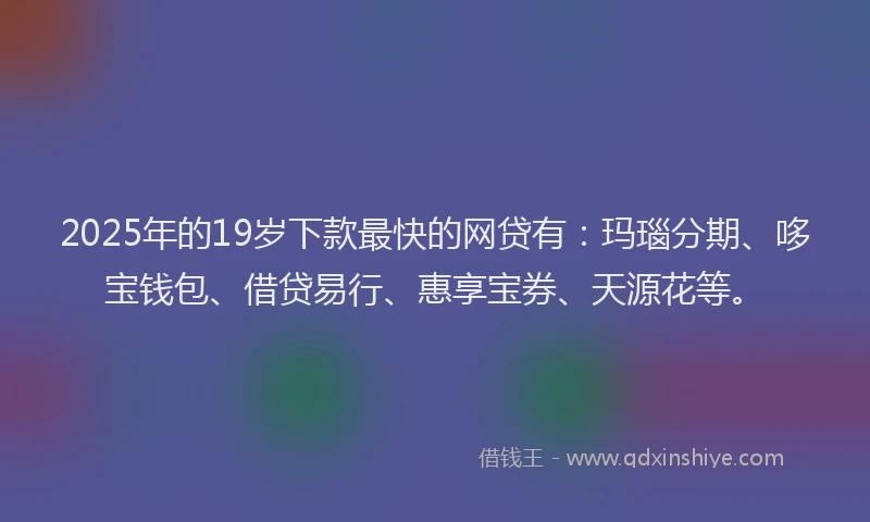 2025年的19岁下款最快的网贷有：玛瑙分期、哆宝钱包、借贷易行、惠享宝券、天源花等。