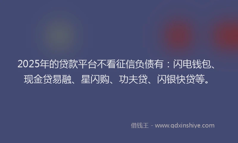 2025年的贷款平台不看征信负债有：闪电钱包、现金贷易融、星闪购、功夫贷、闪银快贷等。