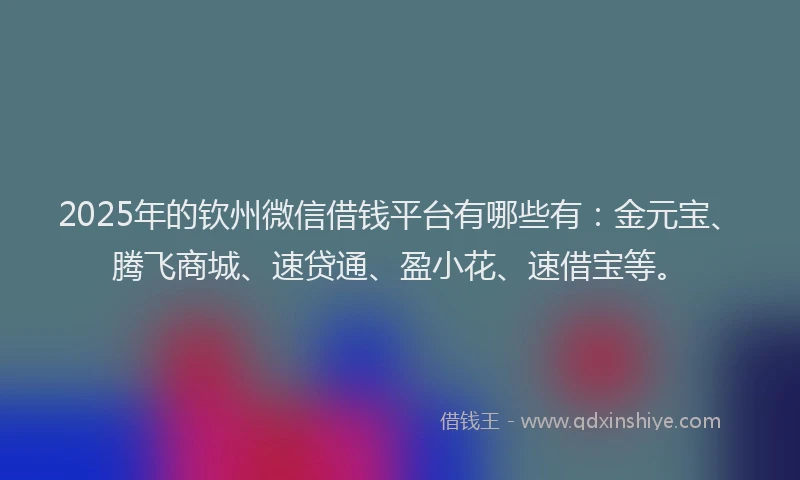 2025年的钦州微信借钱平台有哪些有：金元宝、腾飞商城、速贷通、盈小花、速借宝等。
