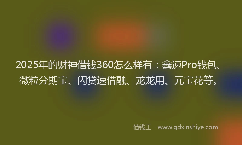 2025年的财神借钱360怎么样有：鑫速Pro钱包、微粒分期宝、闪贷速借融、龙龙用、元宝花等。
