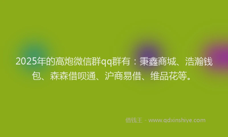 2025年的高炮微信群qq群有：秉鑫商城、浩瀚钱包、森森借呗通、沪商易借、维品花等。