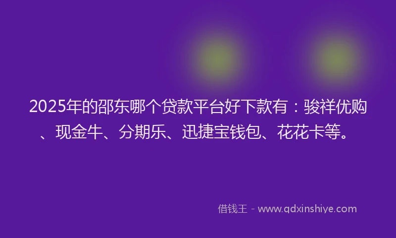 2025年的邵东哪个贷款平台好下款有：骏祥优购、现金牛、分期乐、迅捷宝钱包、花花卡等。