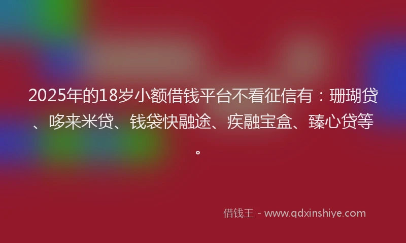 2025年的18岁小额借钱平台不看征信有：珊瑚贷、哆来米贷、钱袋快融途、疾融宝盒、臻心贷等。