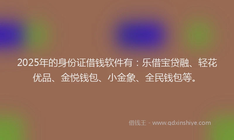 2025年的身份证借钱软件有：乐借宝贷融、轻花优品、金悦钱包、小金象、全民钱包等。