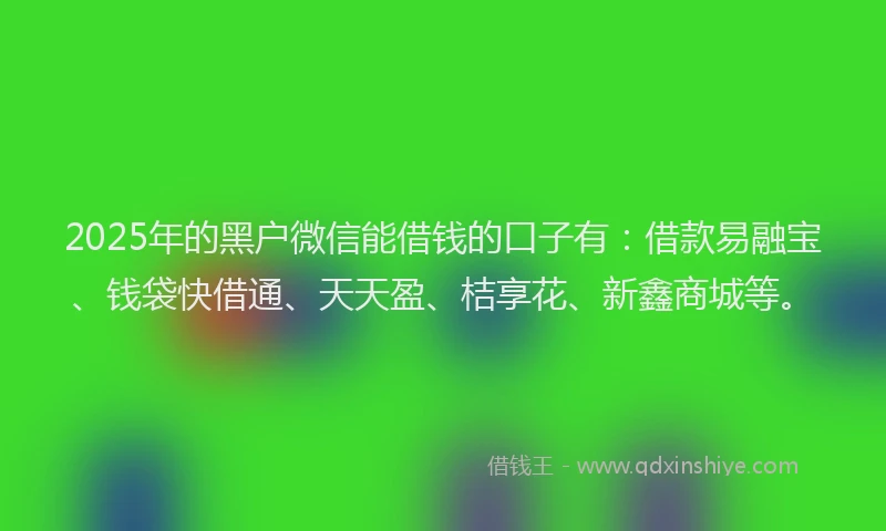 2025年的黑户微信能借钱的口子有：借款易融宝、钱袋快借通、天天盈、桔享花、新鑫商城等。
