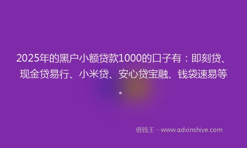 2025年的黑户小额贷款1000的口子有：即刻贷、现金贷易行、小米贷、安心贷宝融、钱袋速易等。