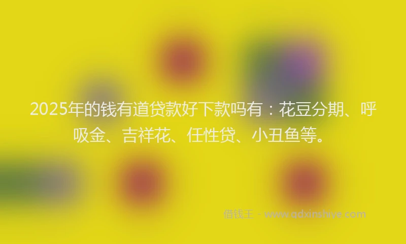 2025年的钱有道贷款好下款吗有：花豆分期、呼吸金、吉祥花、任性贷、小丑鱼等。