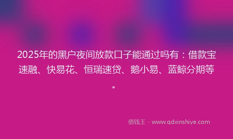 2025年的黑户夜间放款口子能通过吗有：借款宝速融、快易花、恒瑞速贷、鹅小易、蓝鲸分期等。