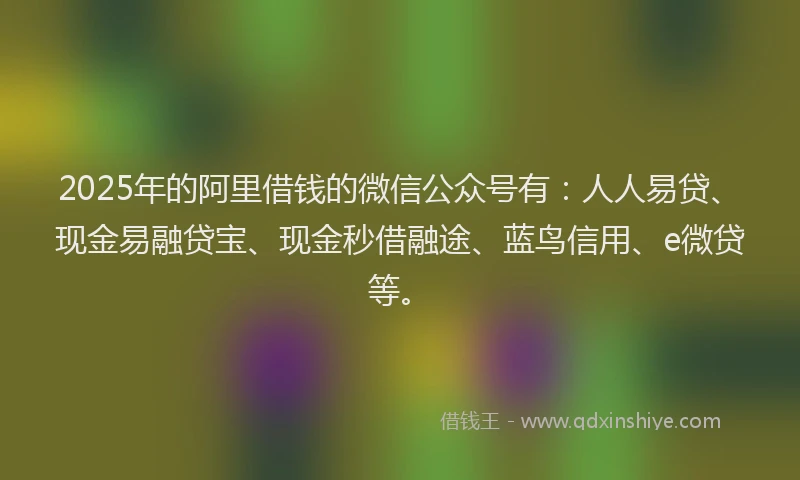 2025年的阿里借钱的微信公众号有：人人易贷、现金易融贷宝、现金秒借融途、蓝鸟信用、e微贷等。